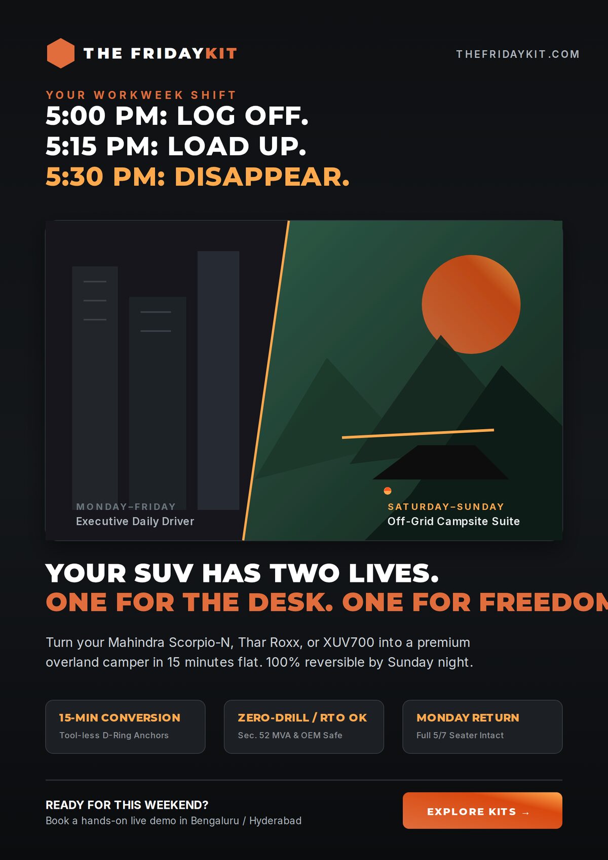The Friday Kit flyer: 5 PM log off, 5:15 load up, 5:30 disappear. Your SUV has two lives — one for the desk, one for freedom.